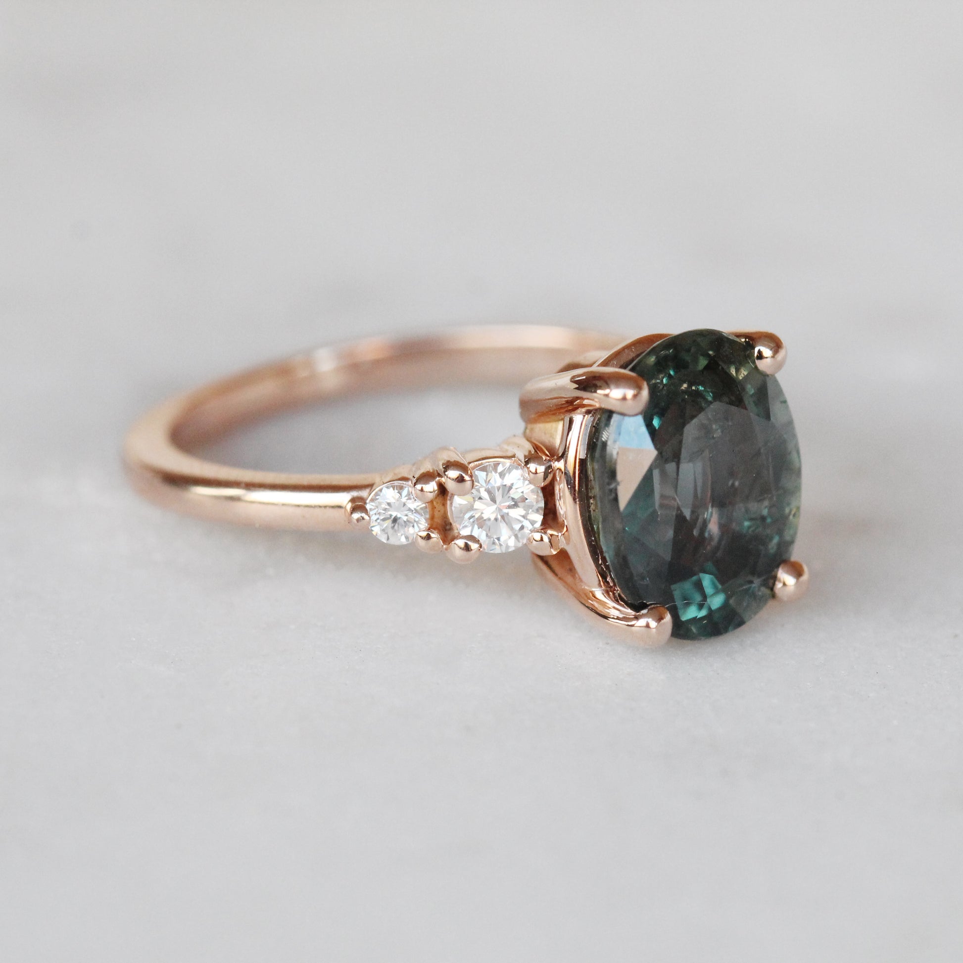 Jesse Ring with 3.3 ct Teal Sapphire and Diamonds in 10k Rose Gold - Ready to Size and Ship - Midwinter Co. Alternative Bridal Rings and Modern Fine Jewelry