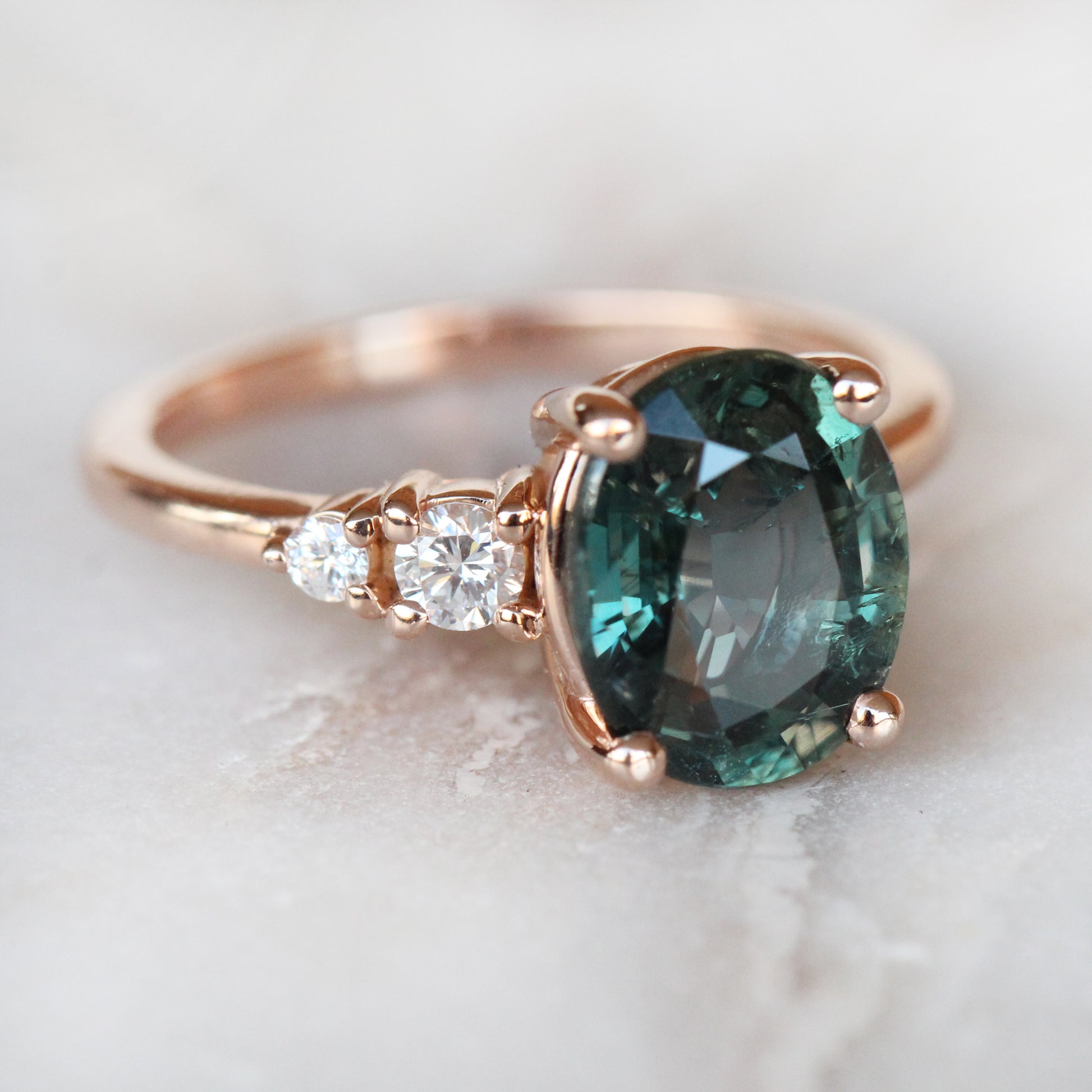 Jesse Ring with 3.3 ct Teal Sapphire and Diamonds in 10k Rose Gold - Ready to Size and Ship - Midwinter Co. Alternative Bridal Rings and Modern Fine Jewelry