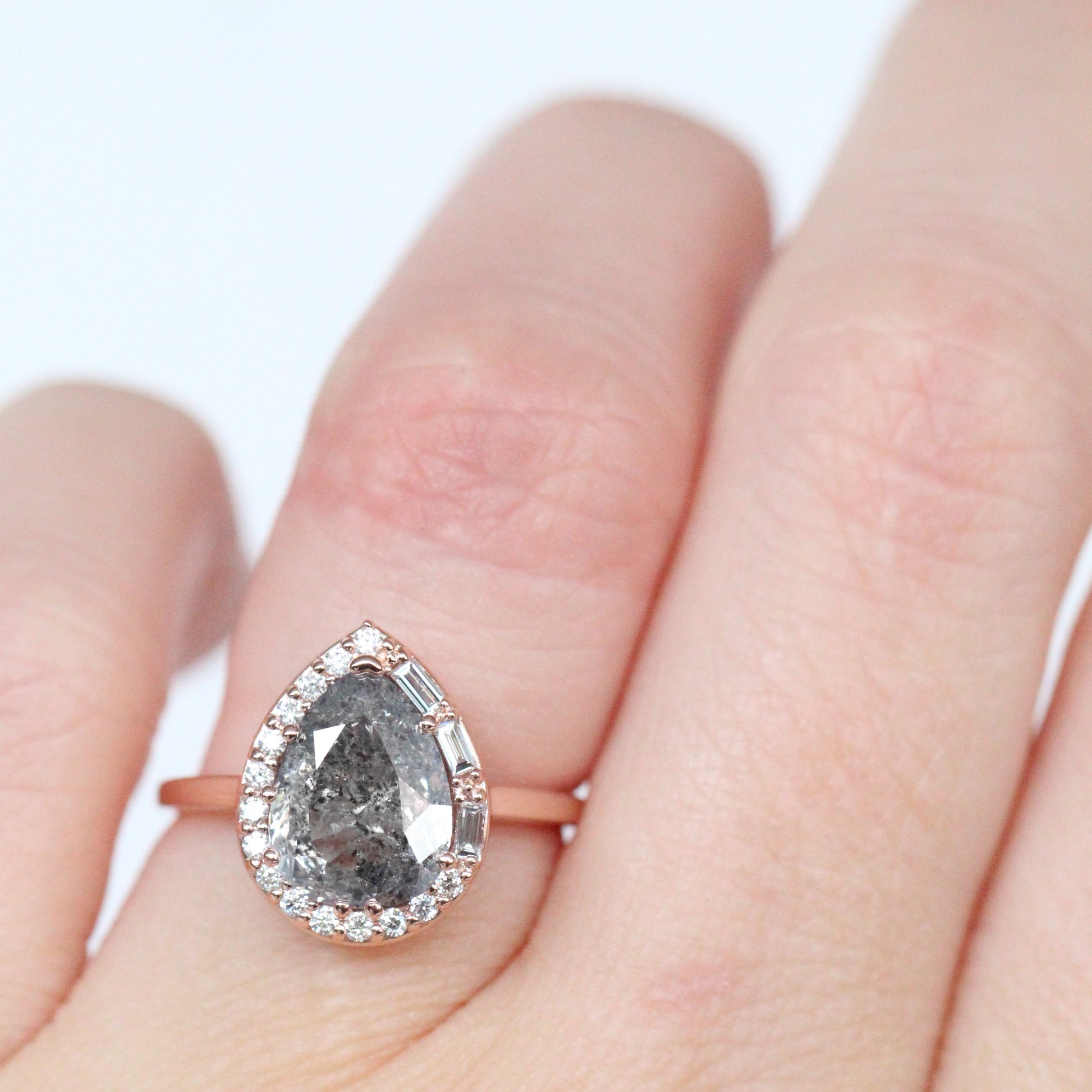 Collins Ring with 2.57 carat celestial gray black clear pear diamond in 14k rose gold - Halo with baguettes and rounds- ready to size and ship - Midwinter Co. Alternative Bridal Rings and Modern Fine Jewelry