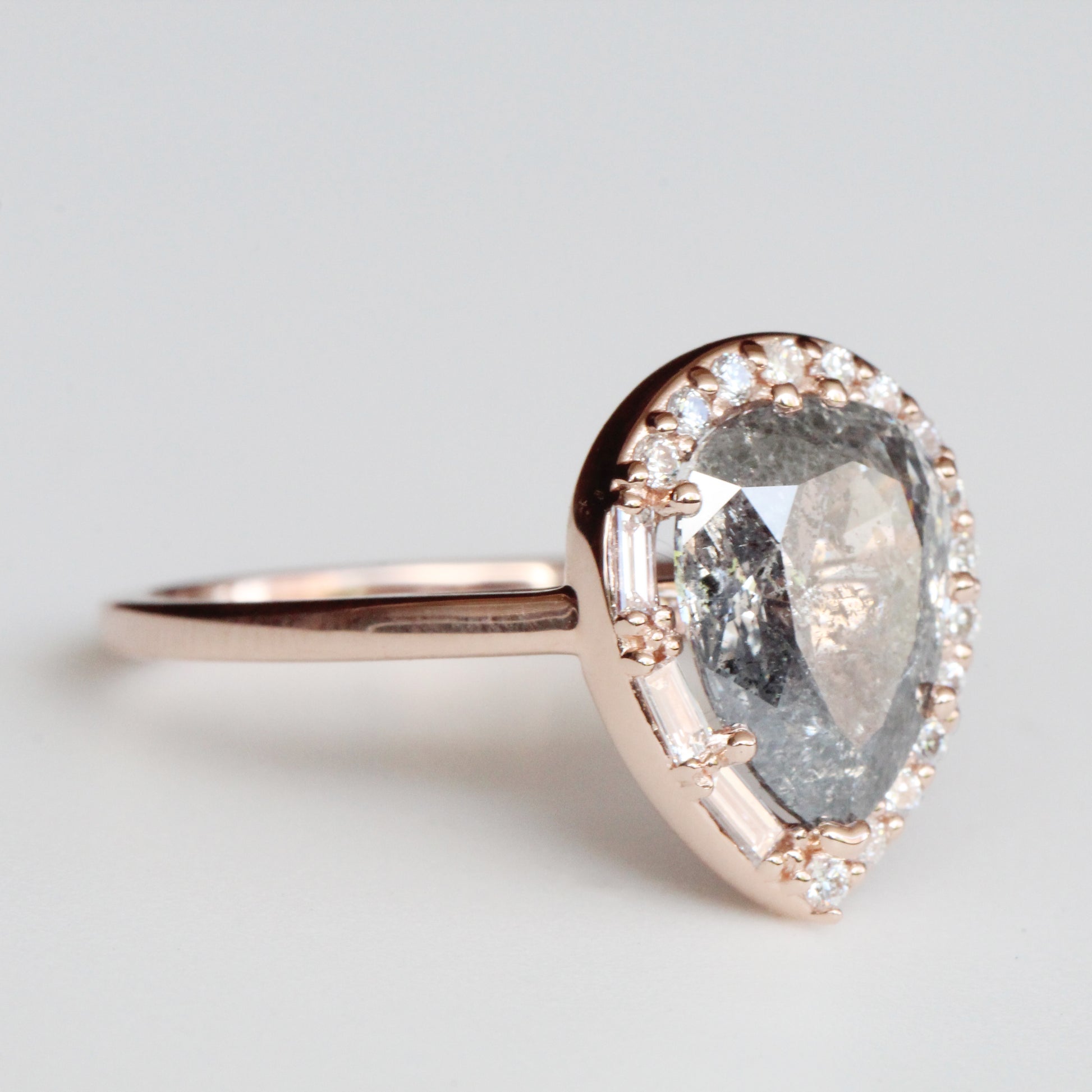 Collins Ring with 2.57 carat celestial gray black clear pear diamond in 14k rose gold - Halo with baguettes and rounds- ready to size and ship - Midwinter Co. Alternative Bridal Rings and Modern Fine Jewelry