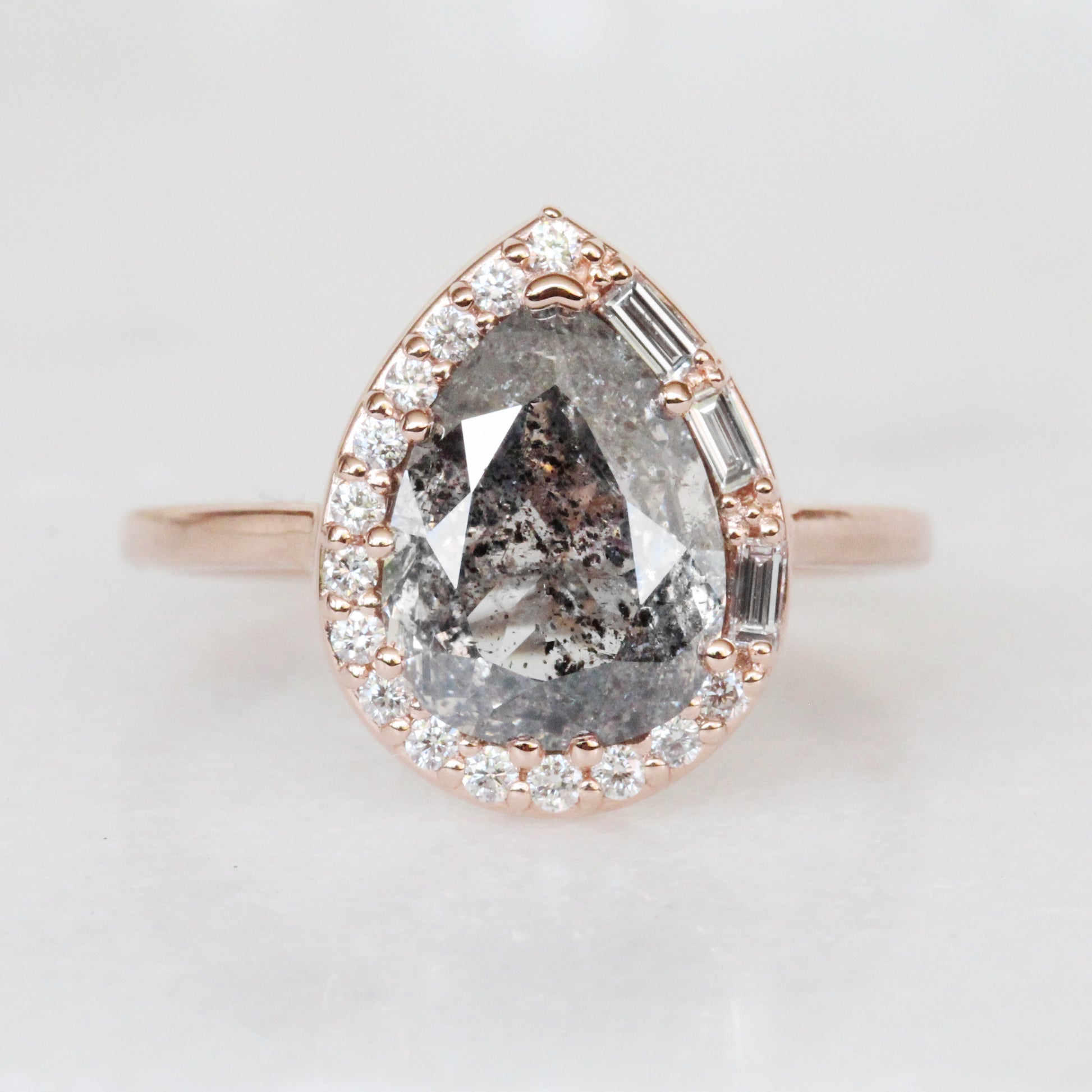 Collins Ring with 2.57 carat celestial gray black clear pear diamond in 14k rose gold - Halo with baguettes and rounds- ready to size and ship - Midwinter Co. Alternative Bridal Rings and Modern Fine Jewelry