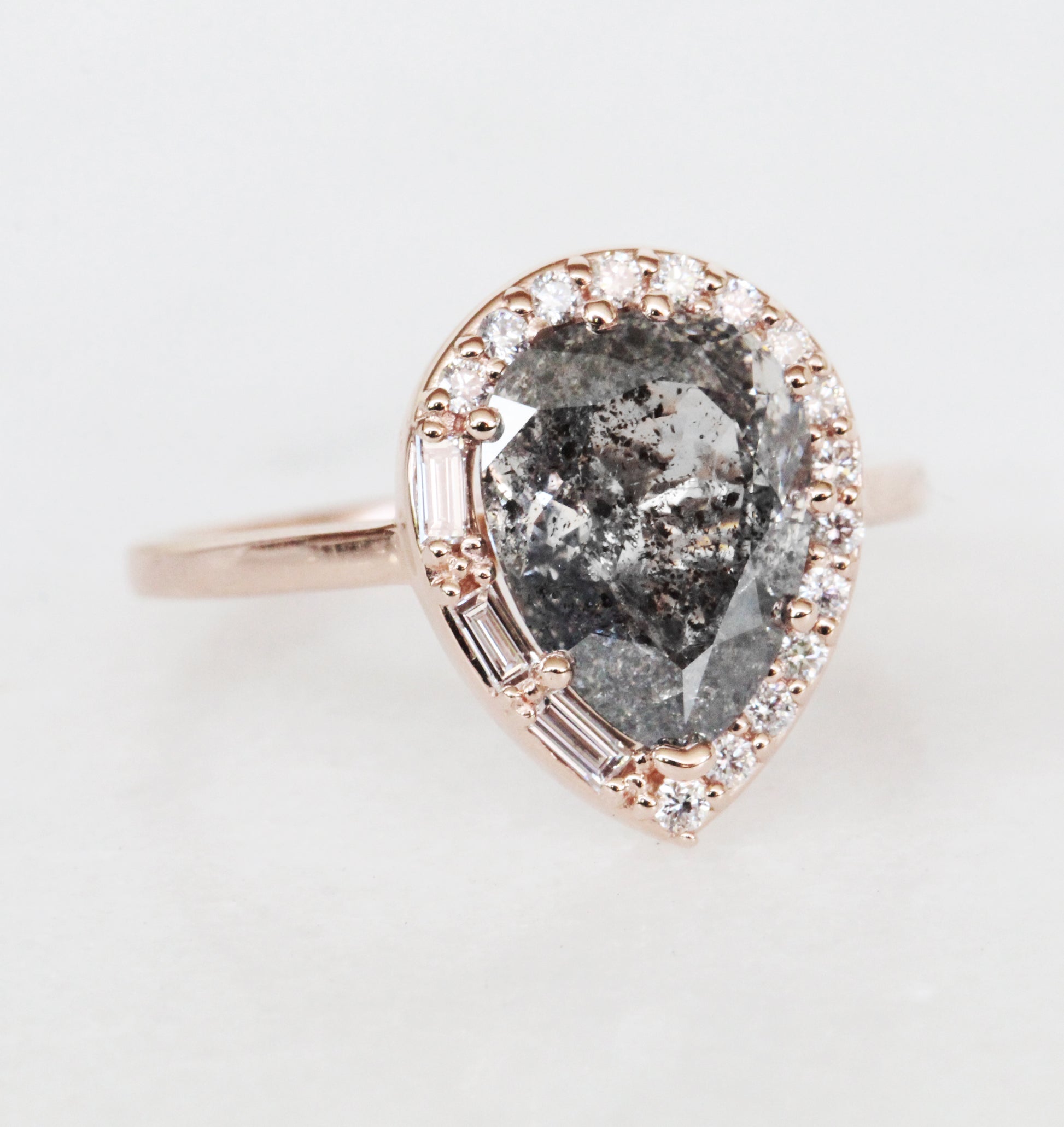 Collins Ring with 2.57 carat celestial gray black clear pear diamond in 14k rose gold - Halo with baguettes and rounds- ready to size and ship - Midwinter Co. Alternative Bridal Rings and Modern Fine Jewelry