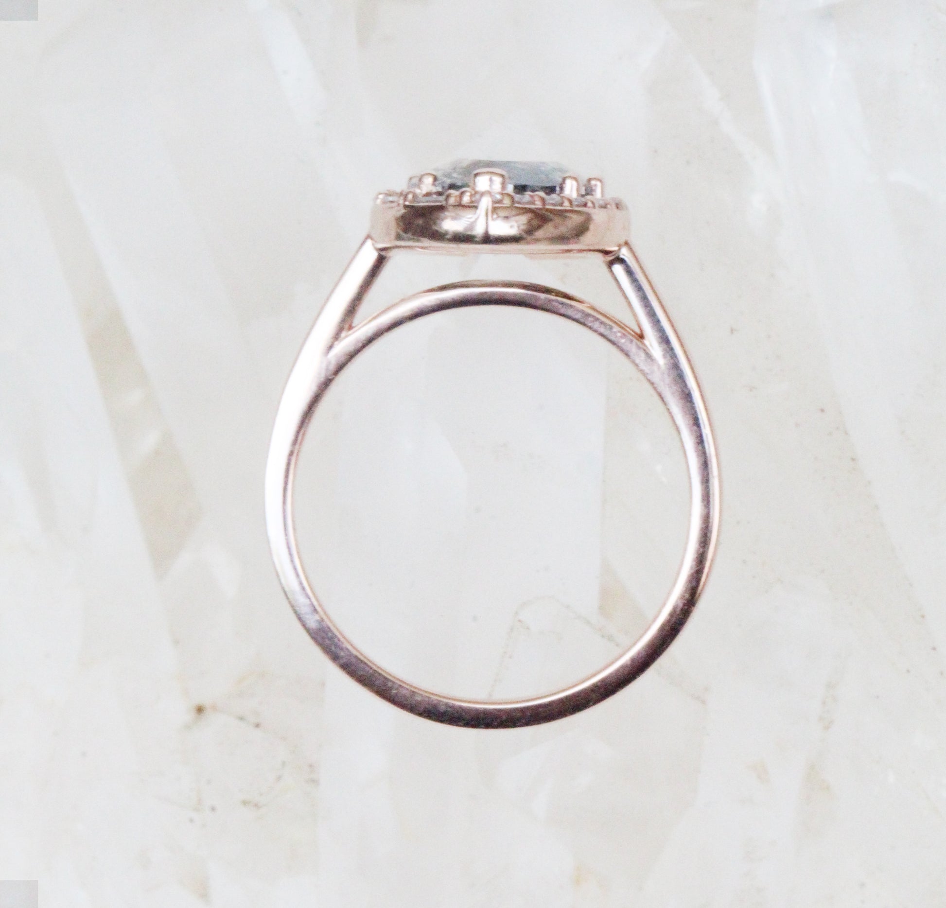 Collins Ring with 2.57 carat celestial gray black clear pear diamond in 14k rose gold - Halo with baguettes and rounds- ready to size and ship - Midwinter Co. Alternative Bridal Rings and Modern Fine Jewelry