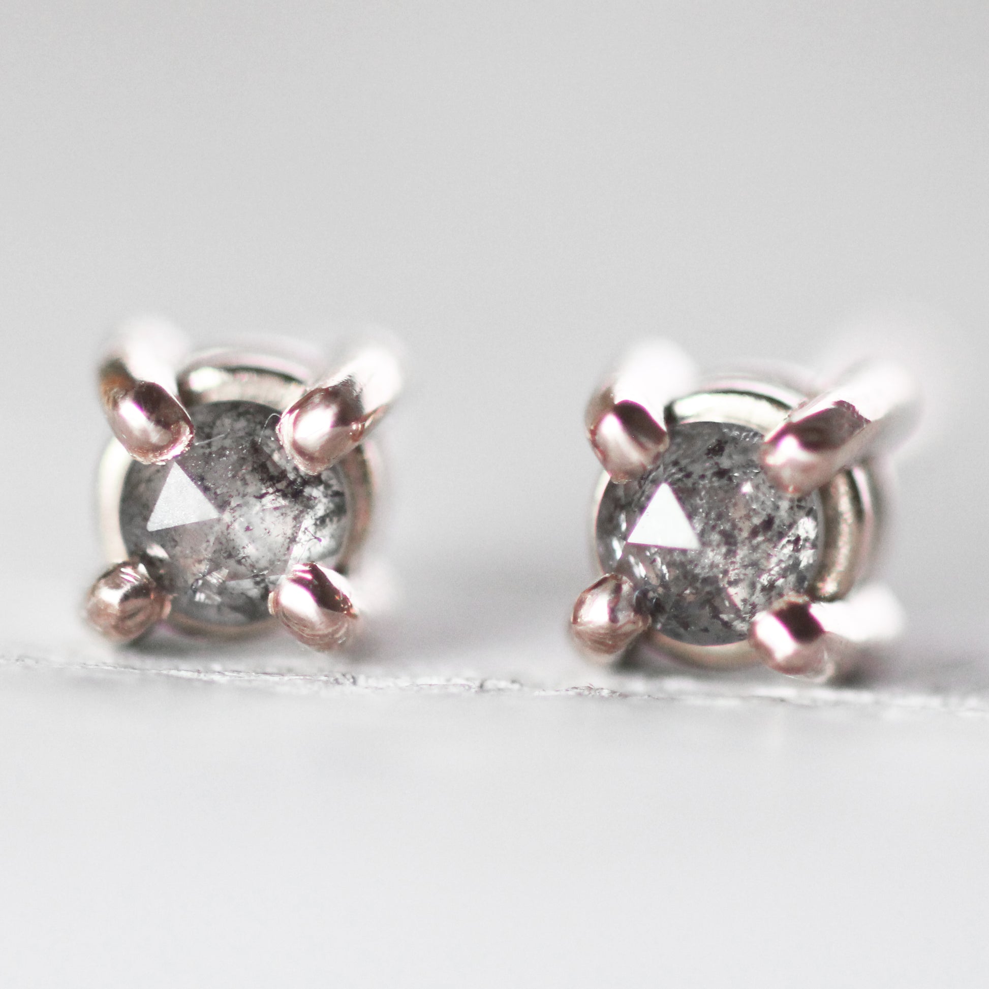 14k Gold Gray Diamond Earring Studs - Rose Cut Salt and Pepper Diamonds -  Made to Order