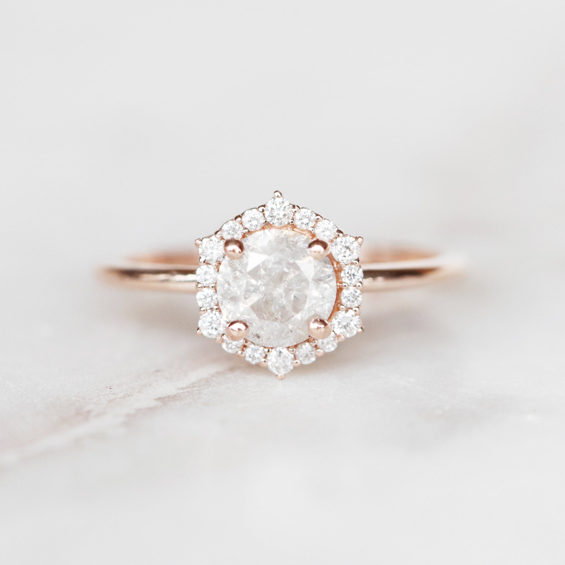 Stella Ring with a 1.01 Carat Celestial Diamond and Diamond Halo in 14k Rose Gold - Ready to Size and Ship - Midwinter Co. Alternative Bridal Rings and Modern Fine Jewelry