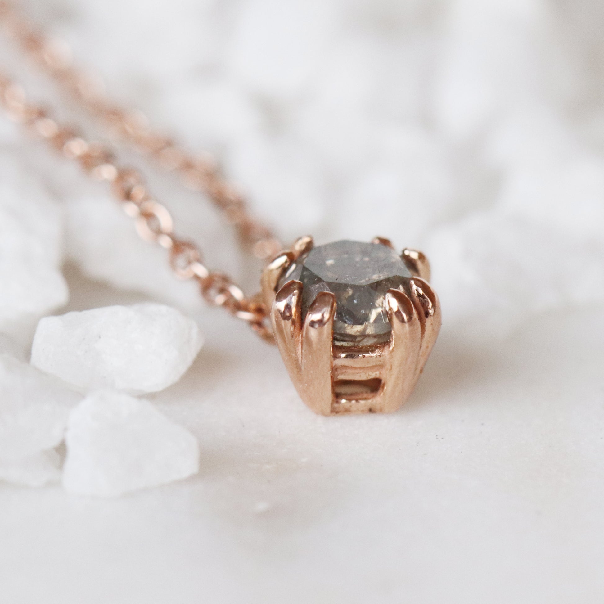 Thatcher Necklace with a Round Brilliant Cut Celestial Diamond in 14k Rose Gold - Ready to Ship - Midwinter Co. Alternative Bridal Rings and Modern Fine Jewelry