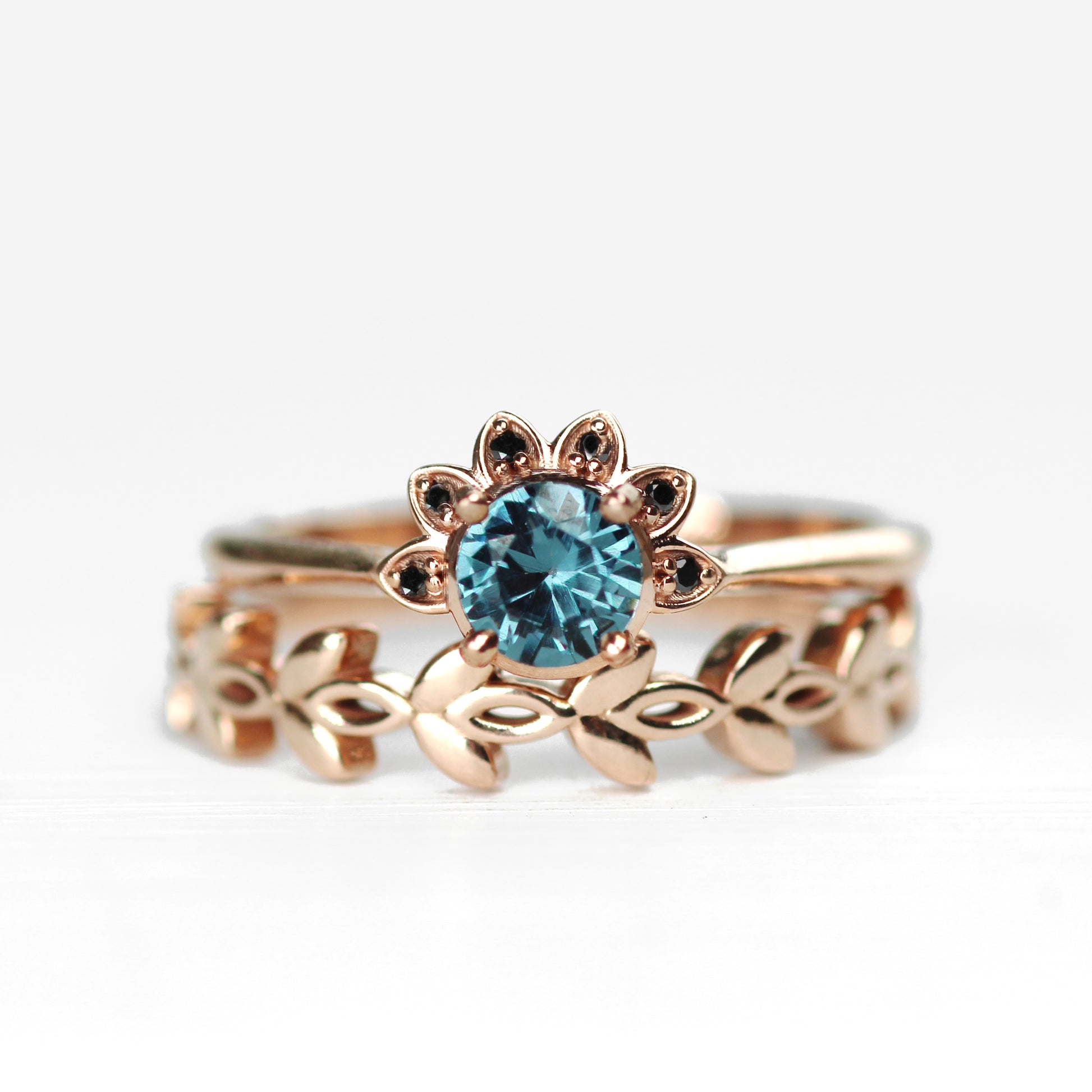 Caren - London Blue Topaz and black diamonds in 10k rose gold half halo - ready to size and ship - Midwinter Co. Alternative Bridal Rings and Modern Fine Jewelry