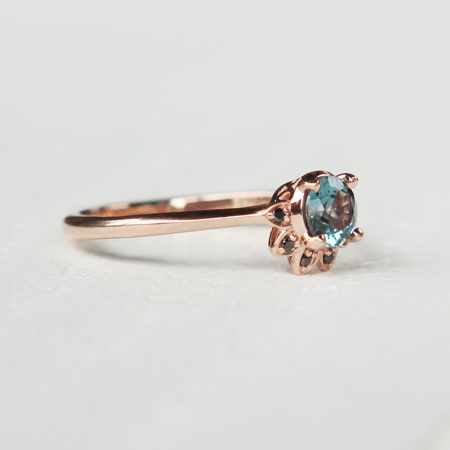 Caren - London Blue Topaz and black diamonds in 10k rose gold half halo - ready to size and ship - Midwinter Co. Alternative Bridal Rings and Modern Fine Jewelry