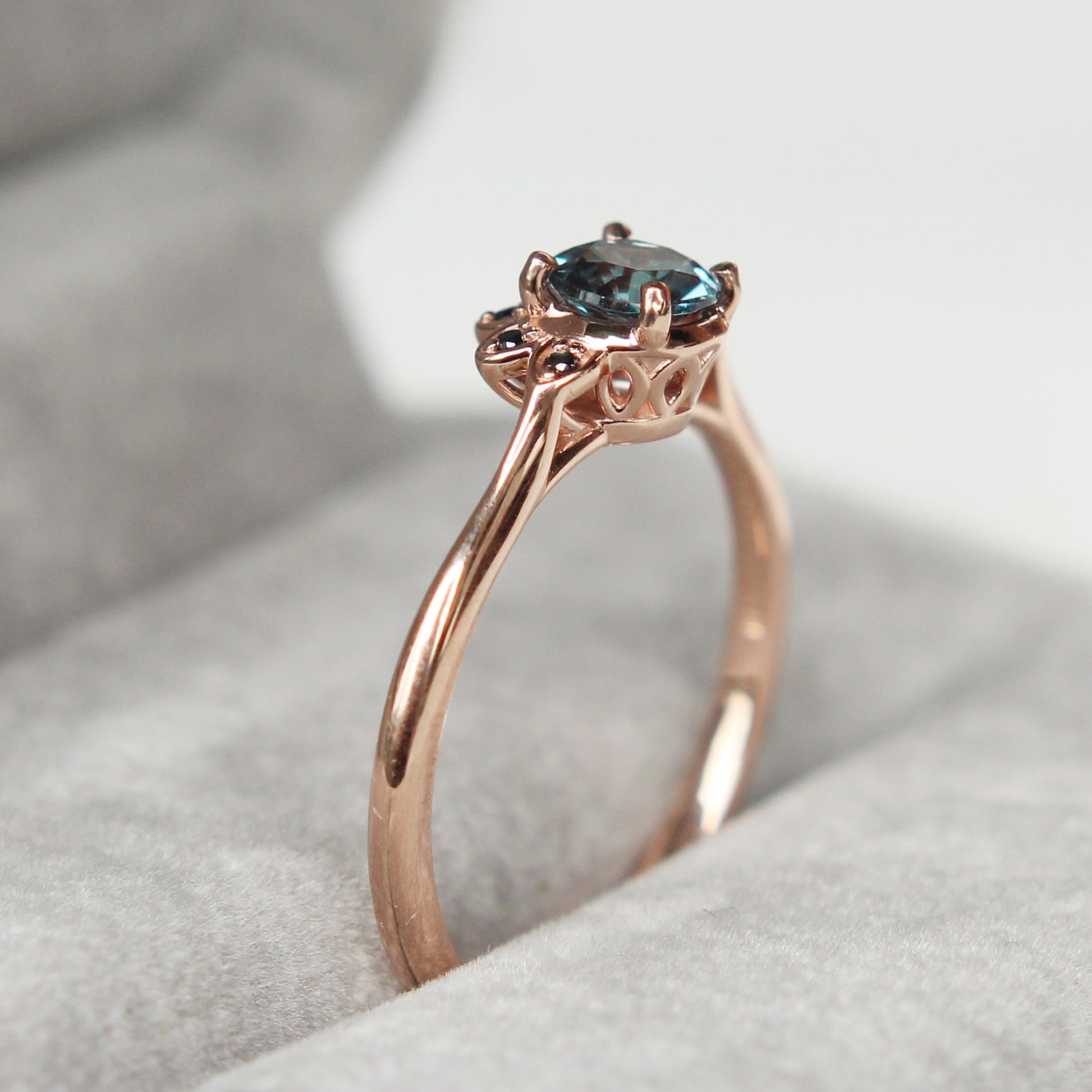 Caren - London Blue Topaz and black diamonds in 10k rose gold half halo - ready to size and ship - Midwinter Co. Alternative Bridal Rings and Modern Fine Jewelry